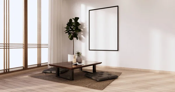 Zen room interior wooden wall on tatami mat floor, low table and armchair.3D rendering