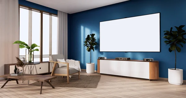 架子橱柜简约 现代日本蓝色房间 3D渲染 — 图库照片