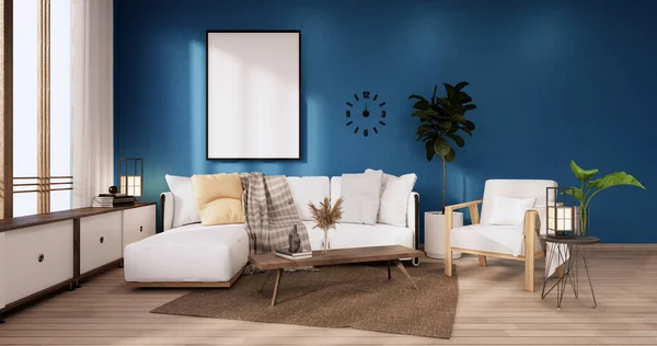 The Tropical style Chaina room interior and blue wall.3D rendering