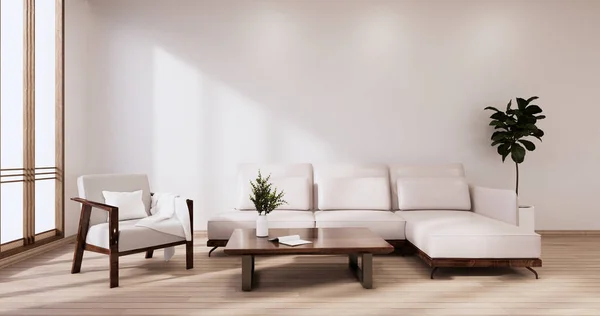 White Sofa japanese on room japan tropical desing and tatami mat floor.3D rendering