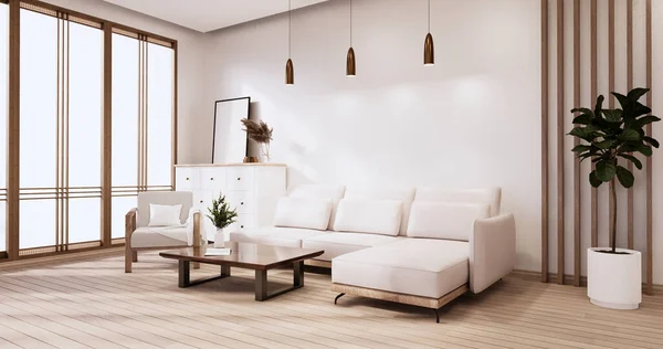 Sofá Blanco Japonés Habitación Japón Diseño Tropical Tatami Estera Floor —  Fotos de Stock