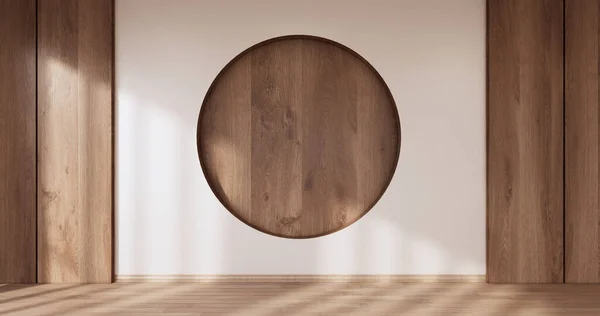 Projekt Ściany Pusty Salon Japoński Deisgn Japoński Drewniana Podłoga Renderowanie — Zdjęcie stockowe
