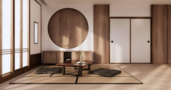 Wnętrze Pokoju Zen Drewniana Ściana Podłodze Maty Tatami Niski Stół — Zdjęcie stockowe