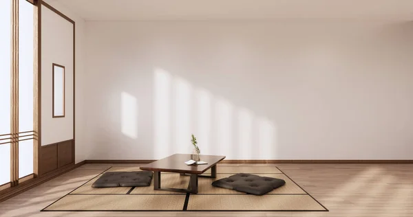 Ruang Zen Interior Dinding Kayu Tatami Lantai Tikar Tabel Rendah — Stok Foto
