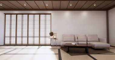 Tatami paspas döşemeli ve beyaz duvar 3D döşemeli tropikal oda koltuğu.