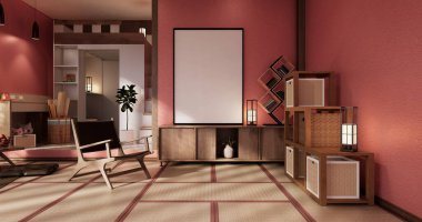 Süslemeli kırmızı duvar tasarım odası, lamba, bitkiler, halı, kol 3D tasarımı