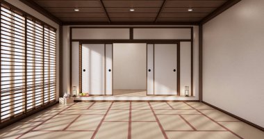 Yoga iç tasarımı, minimalist oda japan tarzı temizlik. 3B görüntüleme