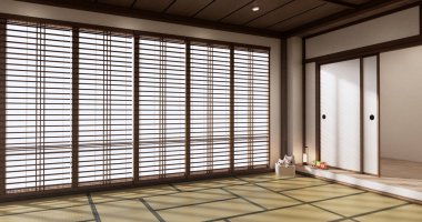 Yoga iç tasarımı, minimalist oda japan tarzı temizlik. 3B görüntüleme