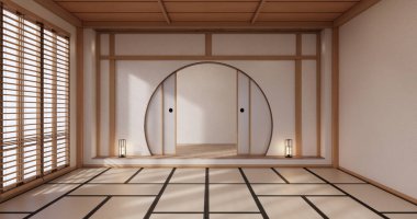 Yoga iç tasarımı, minimalist oda japan tarzı temizlik. 3B görüntüleme