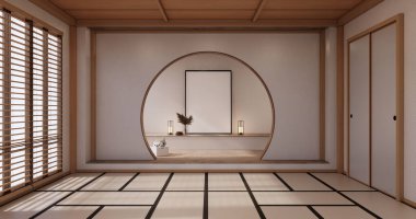Yoga iç tasarımı, minimalist oda japan tarzı temizlik. 3B görüntüleme