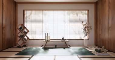 Yoga iç tasarımı, minimalist oda japan tarzı temizlik. 3B görüntüleme
