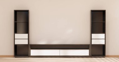 Japonya 'da televizyon iç mimarisi için minimal dolap, 3D tasarım.