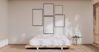 Modern barışçıl yatak odası. Japon tarzı yatak odası 3D görüntüleme