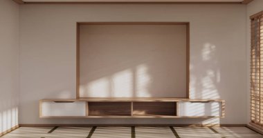 Japonya 'da televizyon iç mimarisi için minimal dolap, 3D tasarım.