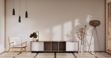 Japonya 'da televizyon iç mimarisi için minimal dolap, 3D tasarım.