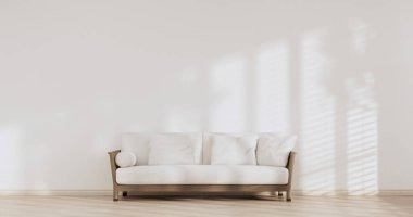 Tatami paspas döşemeli ve beyaz duvar 3D döşemeli tropikal oda koltuğu.