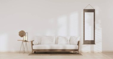 Tatami paspas döşemeli ve beyaz duvar 3D döşemeli tropikal oda koltuğu.