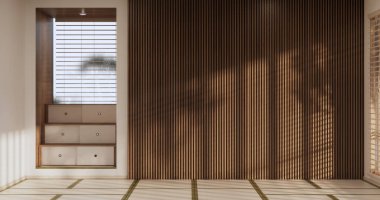 Yoga iç tasarımı, minimalist oda japan tarzı temizlik. 3B görüntüleme