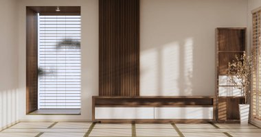 Japonya 'da televizyon iç mimarisi için minimal dolap, 3D tasarım.