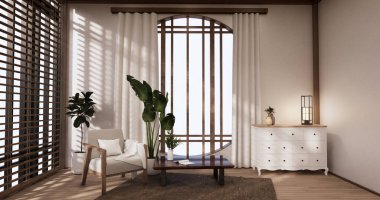 Tatami paspas döşemeli ve beyaz duvar 3D döşemeli tropikal oda koltuğu.