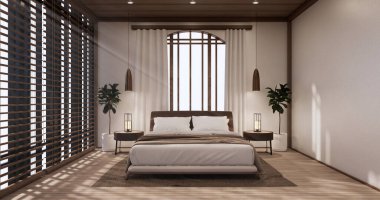 Modern barışçıl yatak odası. Japon tarzı yatak odası 3D görüntüleme
