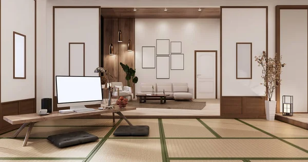 Interiér Obývacího Pokoje Podlaze Tatami Počítač Nízkém Stole Polštář Vykreslování — Stock fotografie