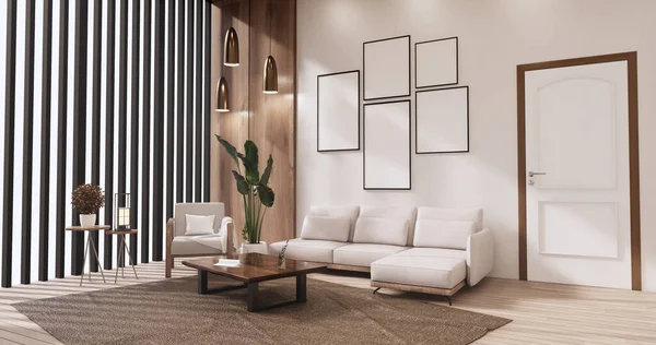 Sofa Room Tropical Interior Tatami Mat Floor White Wall Rendering — Stok fotoğraf