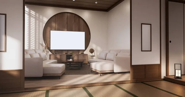 Sofa Room Tropical Interior Tatami Mat Floor White Wall Rendering —  Fotos de Stock