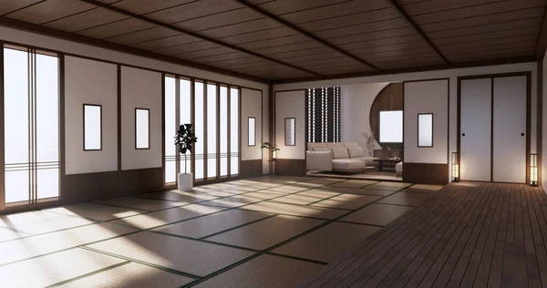 Sofa Room Tropical Interior Tatami Mat Floor White Wall Rendering — Zdjęcie stockowe