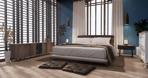 Yatak Odası Japon Tarzı Modern Mavi Duvar Tatami Paspas Oda — Stok fotoğraf