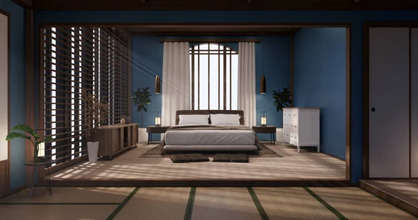 Bedroom Japanese Minimal Style Modern Blue Wall Tatami Mat Floor —  Fotos de Stock