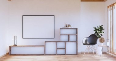 Oturma odasındaki raflar Japon tarzı, paspas, süsleme lambası ve beyaz zen odasındaki bitkiler.