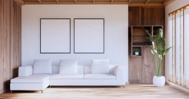 Tatami paspas döşemeli ve beyaz duvar 3D döşemeli tropikal oda koltuğu.