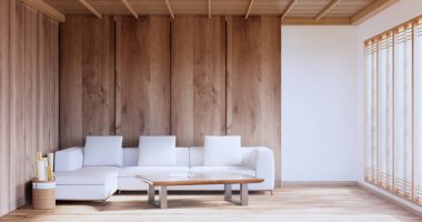 Tatami paspas döşemeli ve beyaz duvar 3D döşemeli tropikal oda koltuğu.