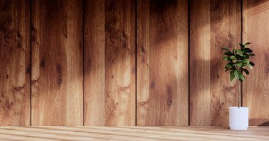 Boş oturma odasının duvar tasarımı Japon deisgn Japon ahşap zeminiyle. 3B görüntüleme