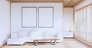 Tatami paspas döşemeli ve beyaz duvar 3D döşemeli tropikal oda koltuğu.