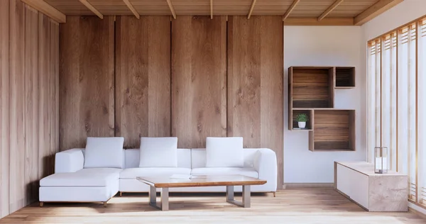 Sofa Pokoju Tropikalne Wnętrze Podłogą Matową Tatami Białą Ścianą Rendering — Zdjęcie stockowe