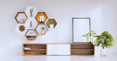Hexagon wooden shelf japanese on wall background.3D rendering