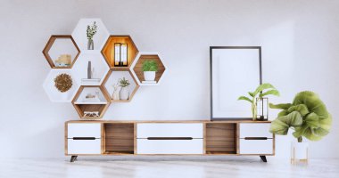 Hexagon wooden shelf japanese on wall background.3D rendering