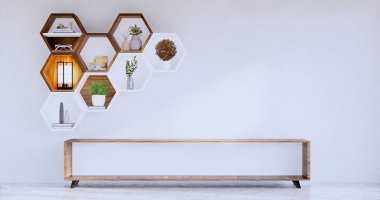 Hexagon wooden shelf japanese on wall background.3D rendering