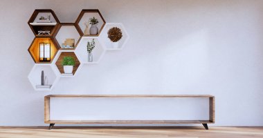 Hexagon wooden shelf japanese on wall background.3D rendering