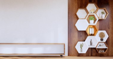 Hexagon wooden shelf japanese on wall background.3D rendering