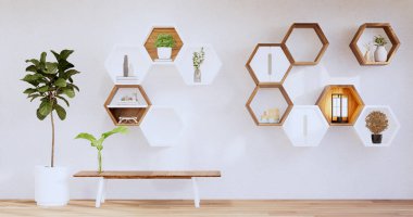 Hexagon wooden shelf japanese on wall background.3D rendering