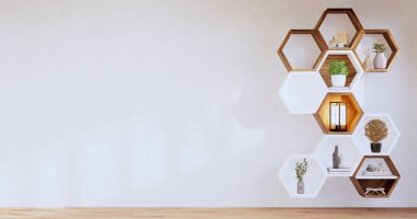 Hexagon wooden shelf japanese on wall background.3D rendering