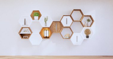 Hexagon wooden shelf japanese on wall background.3D rendering