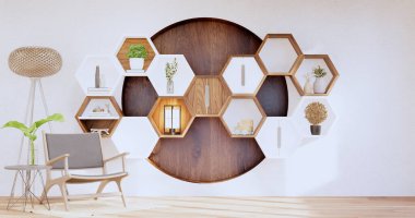 Hexagon wooden shelf japanese on wall background.3D rendering