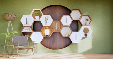 Hexagon wooden shelf japanese design on green wall background.3D rendering