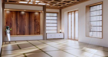 Empty large hall, Asia interior cleaning room zen style. 3D rendering