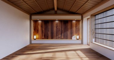 Empty large hall, Asia interior cleaning room zen style. 3D rendering