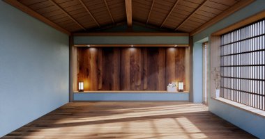 Mint Empty large hall, Asia interior cleaning room zen style. 3D rendering